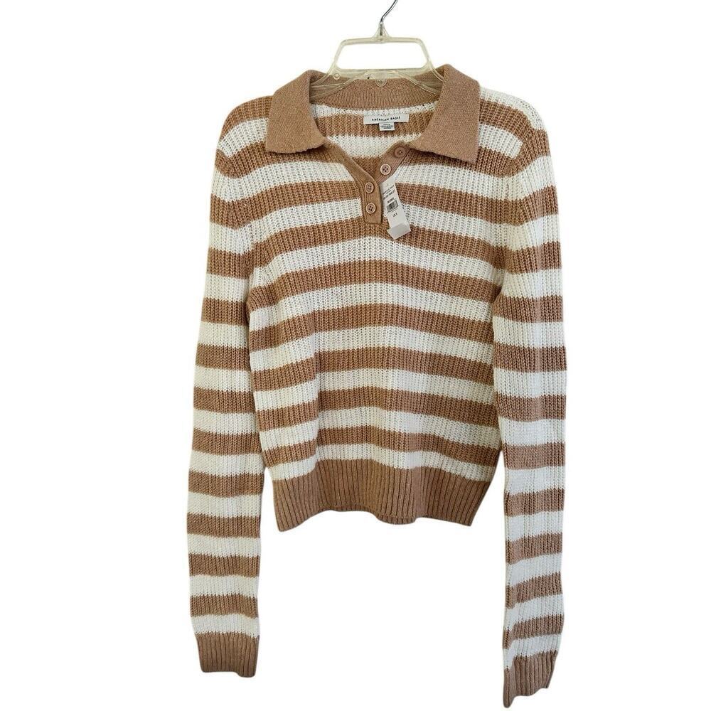 American Eagle Women's Beige & White Striped Sweater, Size Small